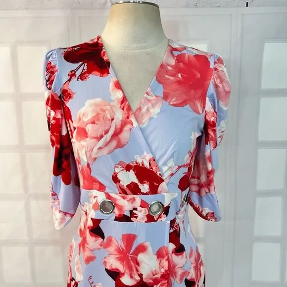 Venus light blue floral short puff sleeve grommet cutout waist summer party dres - Picture 2 of 13